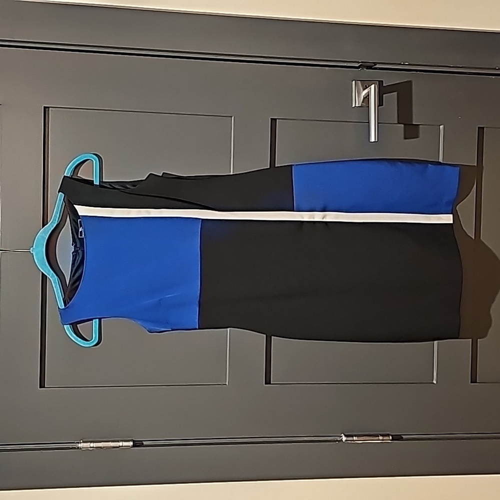 White, blue, and black summer work dress